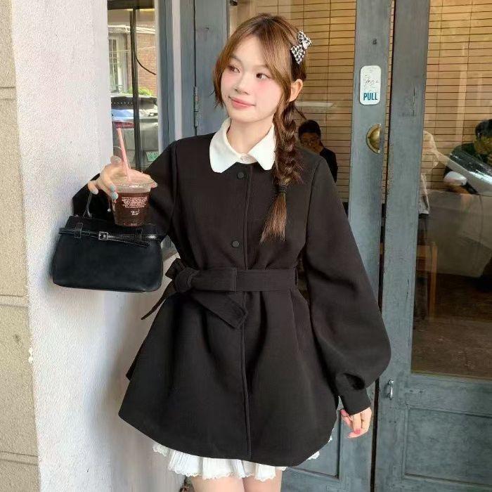 

Элегантное двустороннее шерстяное пальто с рукавами-фонариками и поясом, осенне-зимний сезон 2025 - Ветровка-платье для миниатюрных женщин, французский стиль M