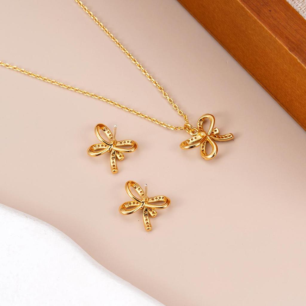 18k Gold-Plated Bow Pendant Necklace & Moissanite Earring Set