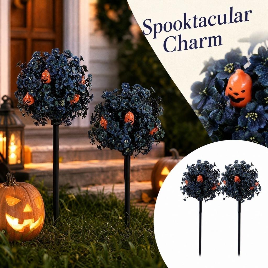 2 Pack Halloween Artificial Pumpkin Ground Stakes with Blue Flowers for Outdoor Yard Decor
