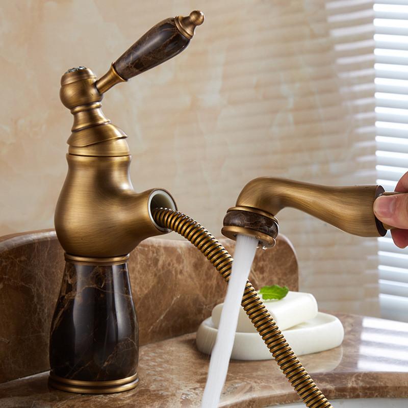 Rubinetto da Bagno Tuqiu Ottone Antico Giada Rubinetto per Lavabo da Bagno Miscelatore Acqua Calda e Fredda Rubinetto per Lavabo Montaggio a Ponte Rubinetto Estraibile