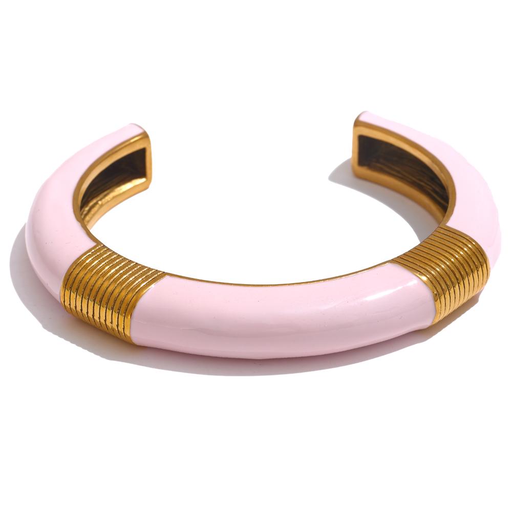 Yhpup Blue Pink Enamel High Quality Cuff Open Bracelet Bangle for Women 18K Gold PVD Plated Fashion Statement Wrist Jewelry Gift