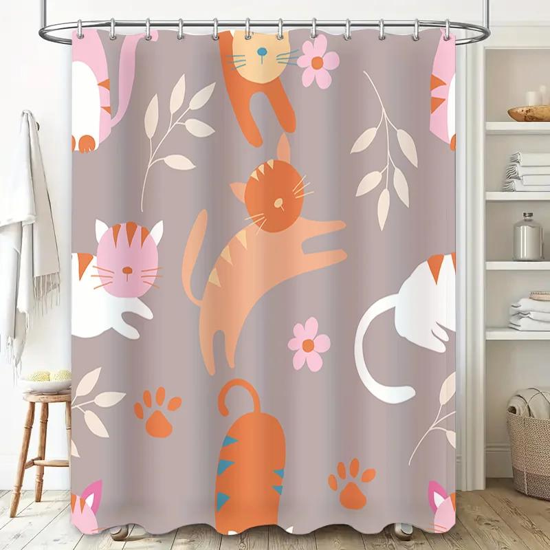 Whimsical Cat Shower Curtain Pink Orange Floral Print Fabric for Bathroom Decorations Non-Slip Hook Rods Included