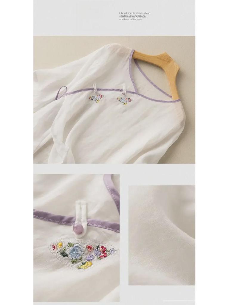 Damen 2024 Sommer Locker Geschnittenes Baumwollleinen Besticktes Hemd mit Schrägkragen, Kurzen Ärmeln und Nationalem Stil