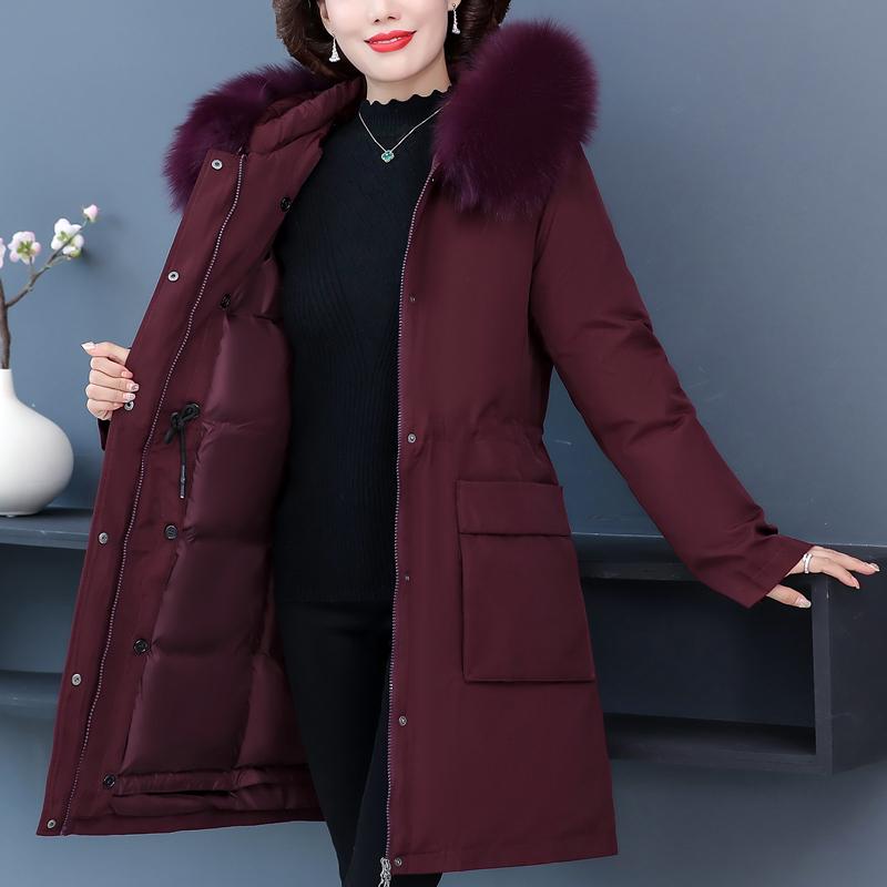 Real Fur Collar Middle Age Women's Puffer Jackets Winter Vintage Parkas Hooded Liner Detachable Plus Size Thick Warm Long Down Coats Woman Outerwears