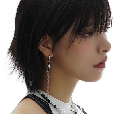 Orecchini Asimmetrici Tetragonali Personalità Moda Zircone Nero Stella Croce Catena Fibbia per Orecchio Design Lungo Senso