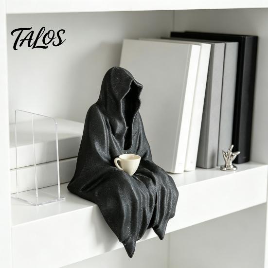 Dark Aesthetic Room Accessories Hooded Ghost Resin Figurine, Mysterious Faceless Statue with Coffee Cup, Gothic Decor Weather Resistant Patio Art for