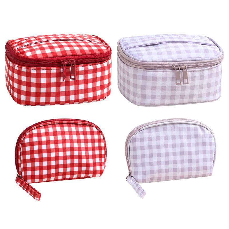 Cute Red Purple Plaid Handbag Zipper Travel Portable Cushion Case & Makeup Pouch Small Large Toiletry Cosmetic Bag for Women