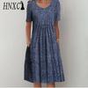 HNXC 30 Color Pleated Midi Dress Short Sleeve Round Neck Loose Hem Mid-Calf Length Women Floral A-Line Party Dress Casual Wear