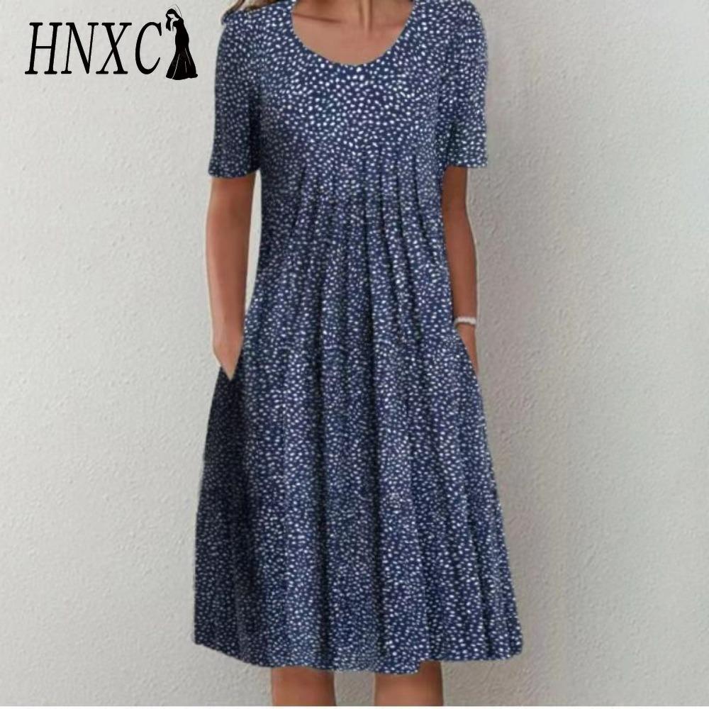 HNXC 30 Color Pleated Midi Dress Short Sleeve Round Neck Loose Hem Mid-Calf Length Women Floral A-Line Party Dress Casual Wear