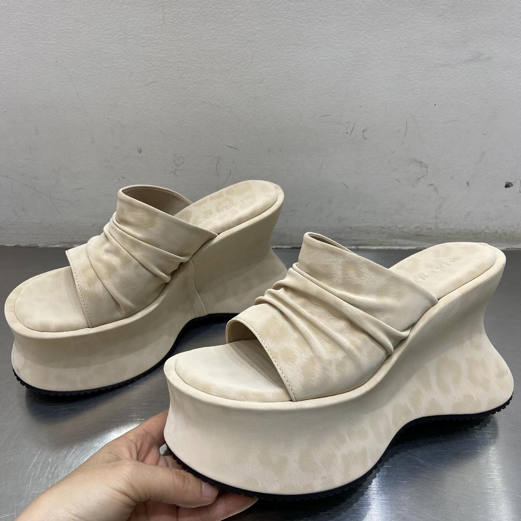 Women's Folded Leopard Print Platform Slides Thick Bottom Sandals Slip-On Summer Flats Silk Upper Cross-Border Shoes