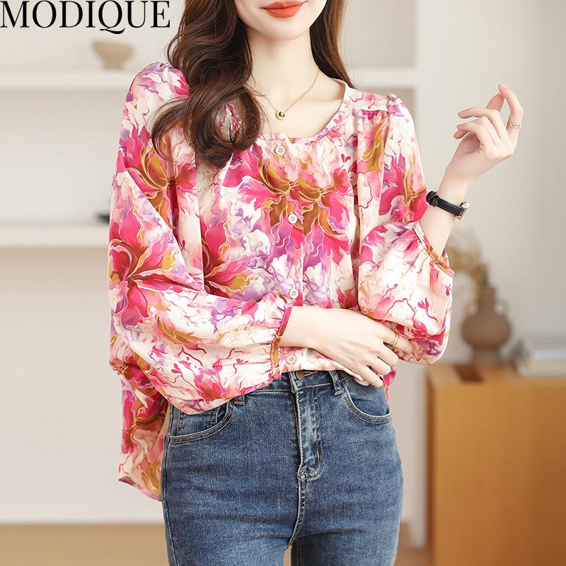 MODIQUE Spring Summer Plus Size Women Casual Loose Elegant Cotton Linen Chiffon Floral Print Puff Sleeve Blouse Shirts Lady Oversize O-Neck Coats