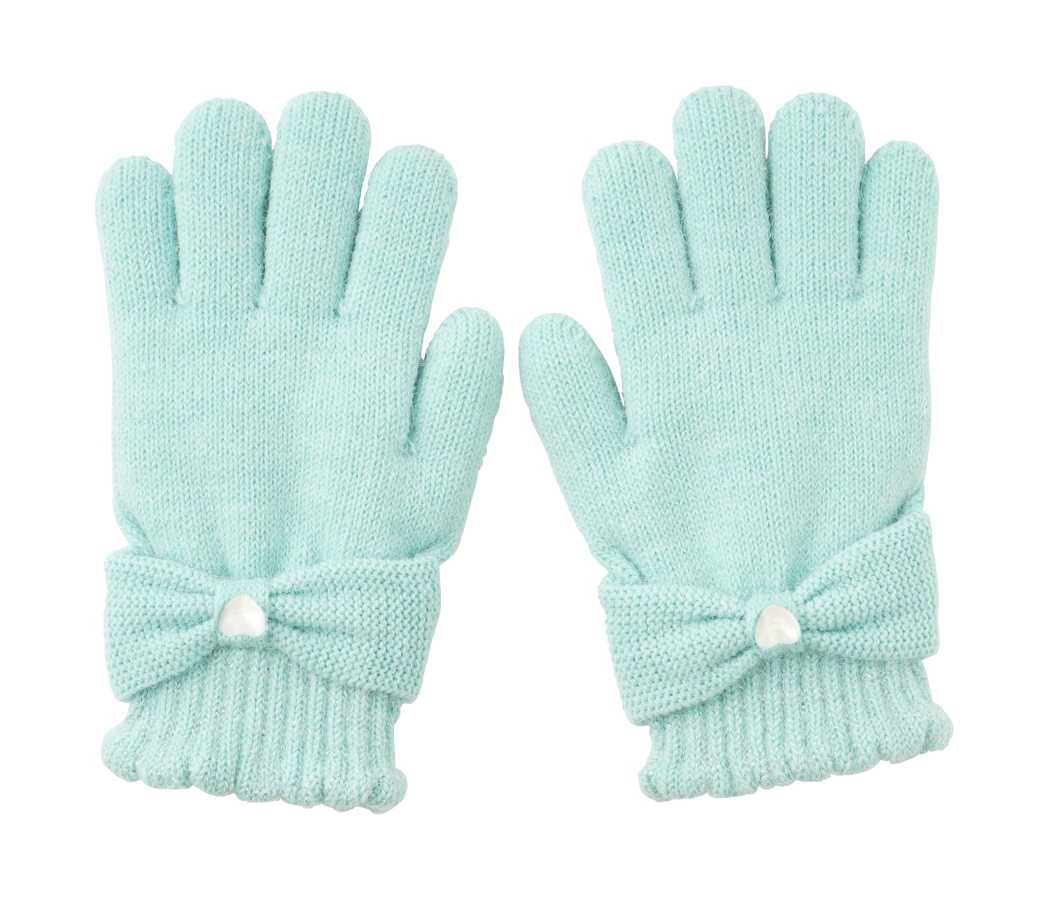 

Knit Gloves for Fleece Ages [Arisana] Kids Girls, Five-Finger, Junior, Lining, Plain, Ribbon, Mint, 6-12 мятный