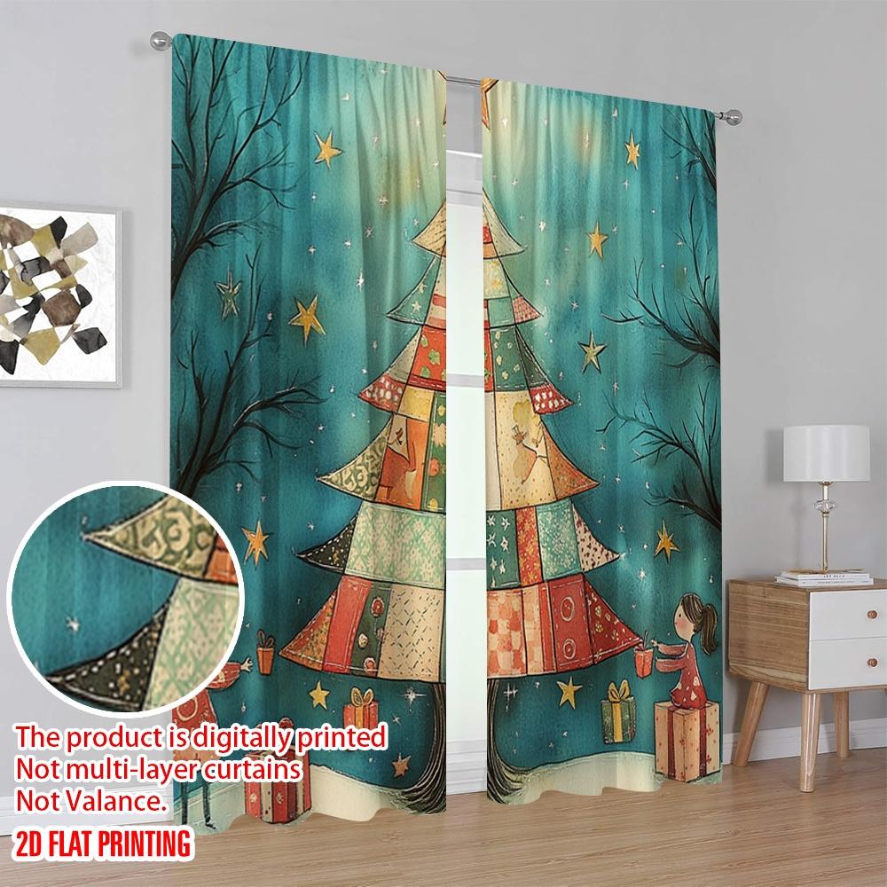 2pcs  2D plane printing Curtains&Window Treatment Christmas Tree Stars Gift Polyester Easy Install (without rod) Room Decor Use