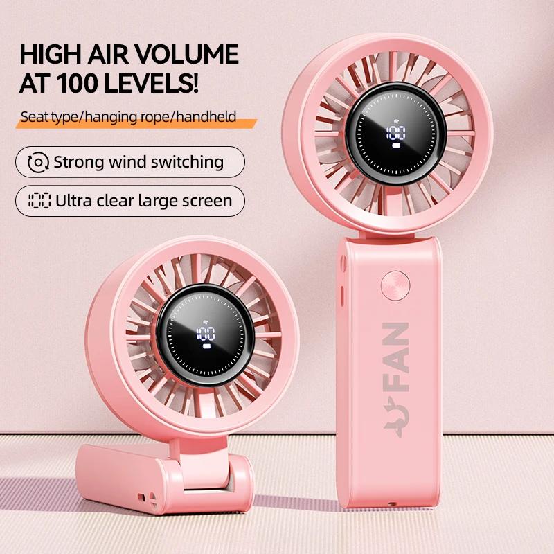 

Digital Display Fan High-speed Handheld Small Cool Fan Mini Portable Type-C Charging Desktop Folding 100 Level Hanging Neck Fan
