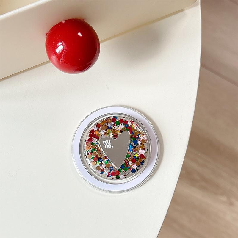 Round Sequin Love Mirror Mobile Phone Holder Airbag Retractable Magnetic Desktop Stand To Watch Dramas And Fold To Carry With You