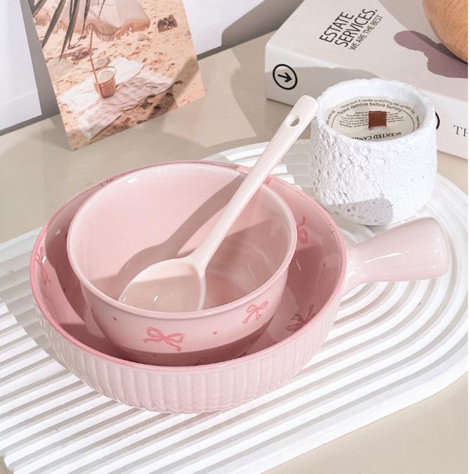 Affascinante Set di Ciotola e Piatto in Ceramica con Fiocco - Stoviglie Carine per Yogurt e Noodles Istantanei