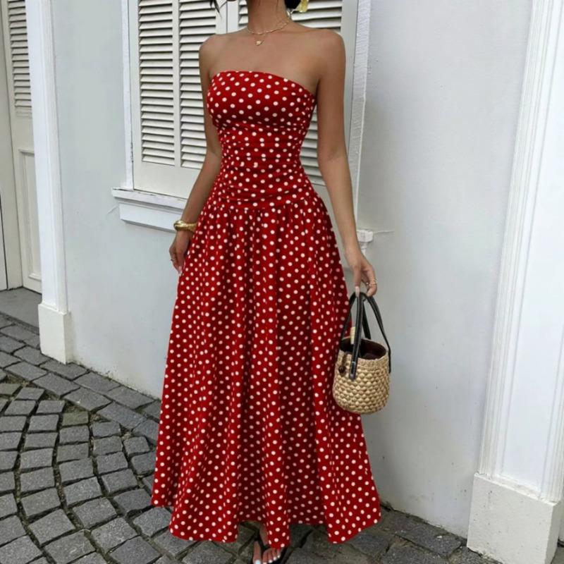 2026 Summer Off Shoulder Polka Dot Dress New Sexy Elegant Strapless Waist-cinching Slim Fit A-line Party Evening Dress Sweet Pleat Fashion Clothing