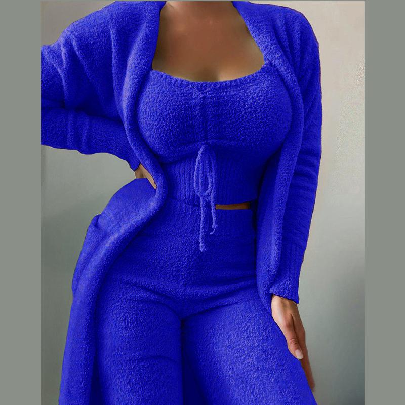 

Женский флисовый комплект из 3 предметов, укороченная майка на тонких бретельках, широкие длинные брюки, пушистое кимоно, уютный пижамный комплект, женский брючный костюм 3XL синий