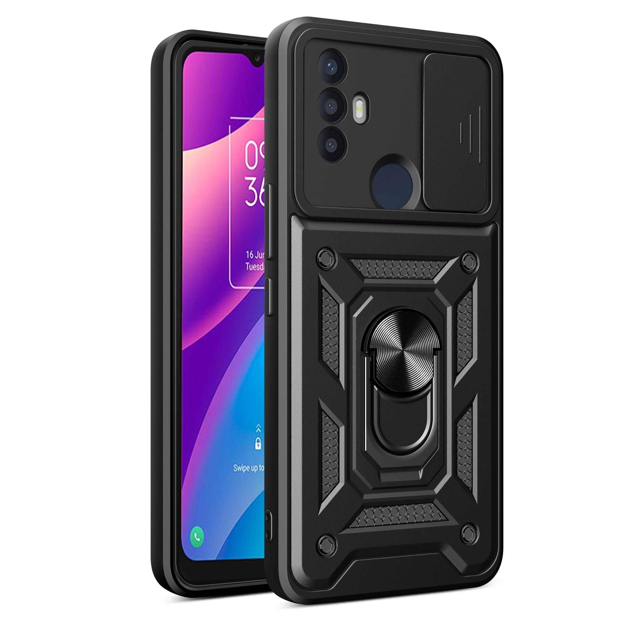 

For TCL 30 SE Phone Shell Kickstand PC+TPU Phone Case Slide Lens Protection Cover Black