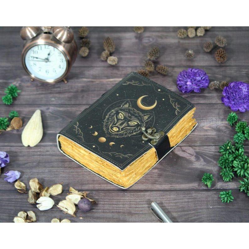 Handmade Leather Journal: Wolf & Moon Embossed Deckle Edge Paper