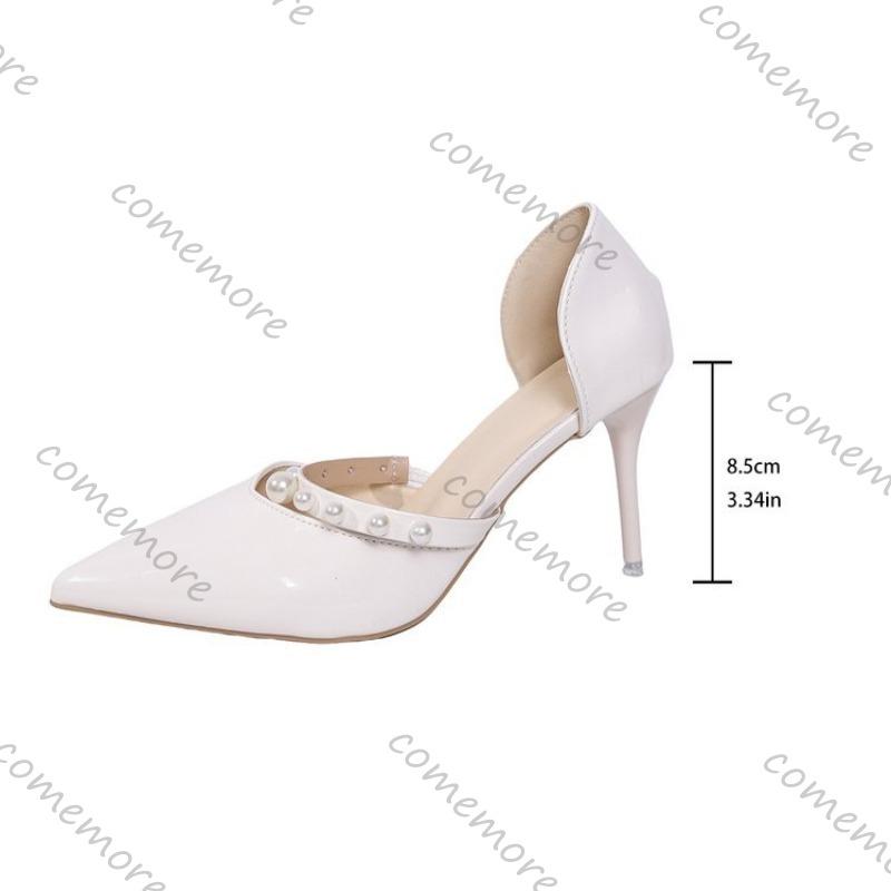 Fashion Comemore Pearl Decor High Heel Pumps Women Pointed Toe Stiletto Heel Banquet Party Shoe Woman Elegant Patent Leather Heels Women