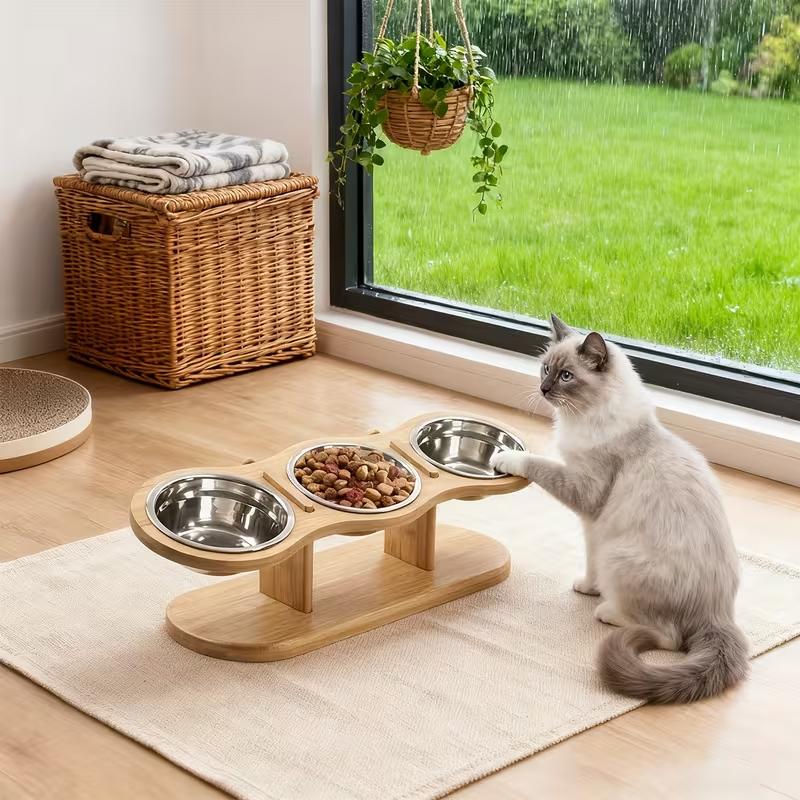 Three-tier cat feeding bowl with adjustable-angle bowls and a 15° inclined stand suitable for indoor puppies and kittens