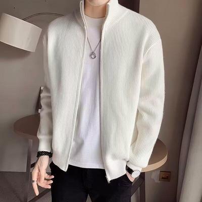 Men's Korean Style Stand Collar Zipper Knit Cardigan - Solid Color Casual Sweater for Autumn/Winter
