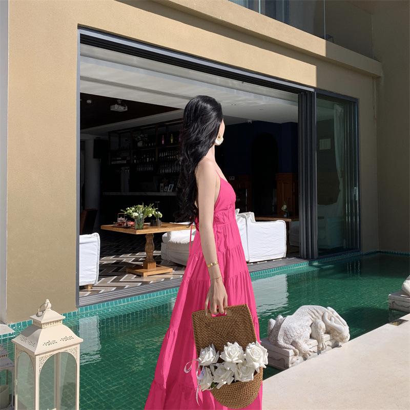 Women's Summer Holiday Seaside Hanging Neck Backless Big Swing Long Dresses