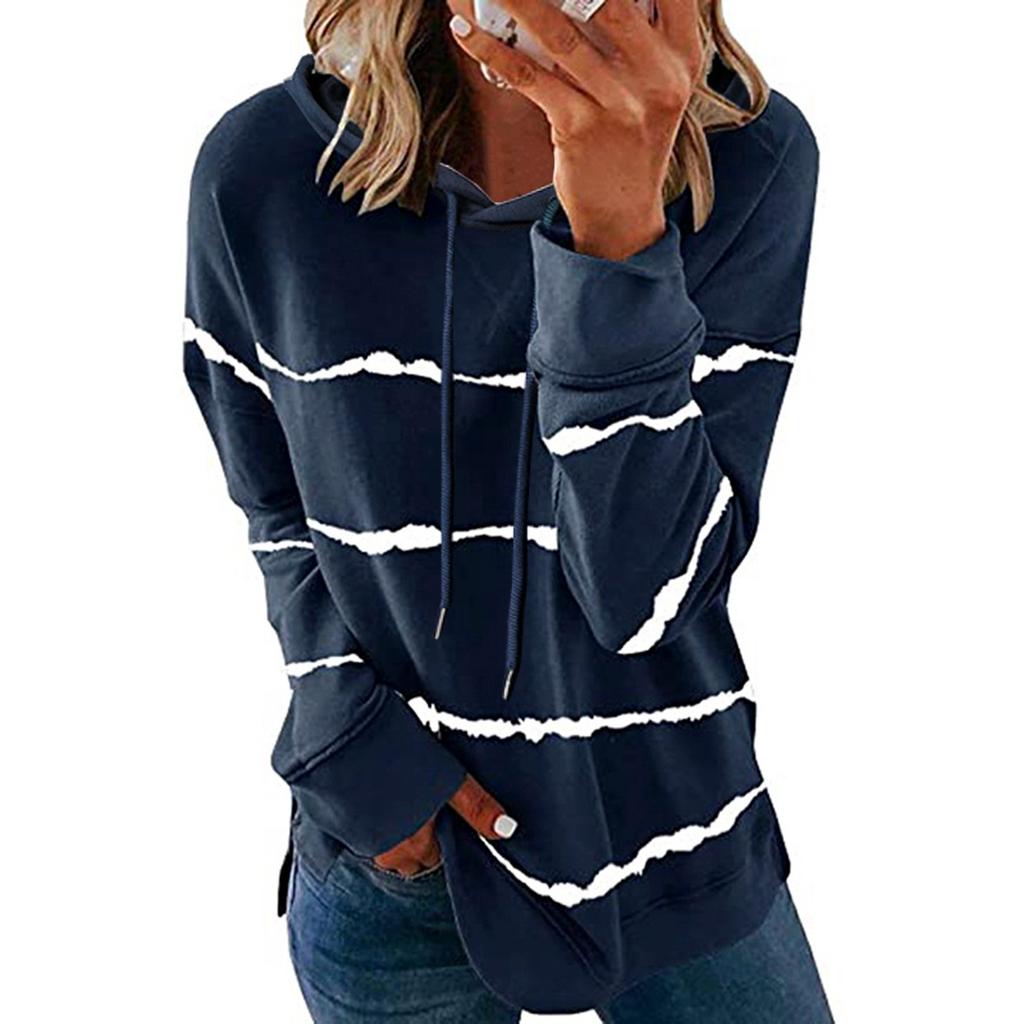 Women's Fashion Casual Stripe Print Hooded Long Sleeve Loose T Shirt Tops