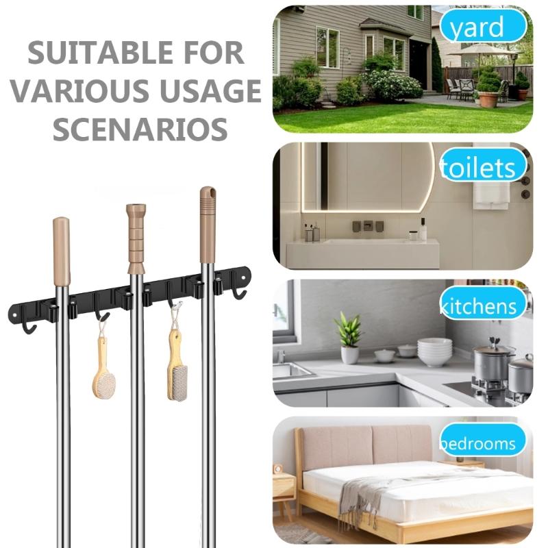 Wall Mounted Rack Space Saving Brooms Organizer Storage Solution for Bathroom