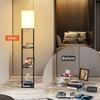 Modern LED Shelf Floor Lamp with 3 Colors Bulb White Linen Shade Wooden Shelves Living Room Bedroom Decoration Stand Lighting