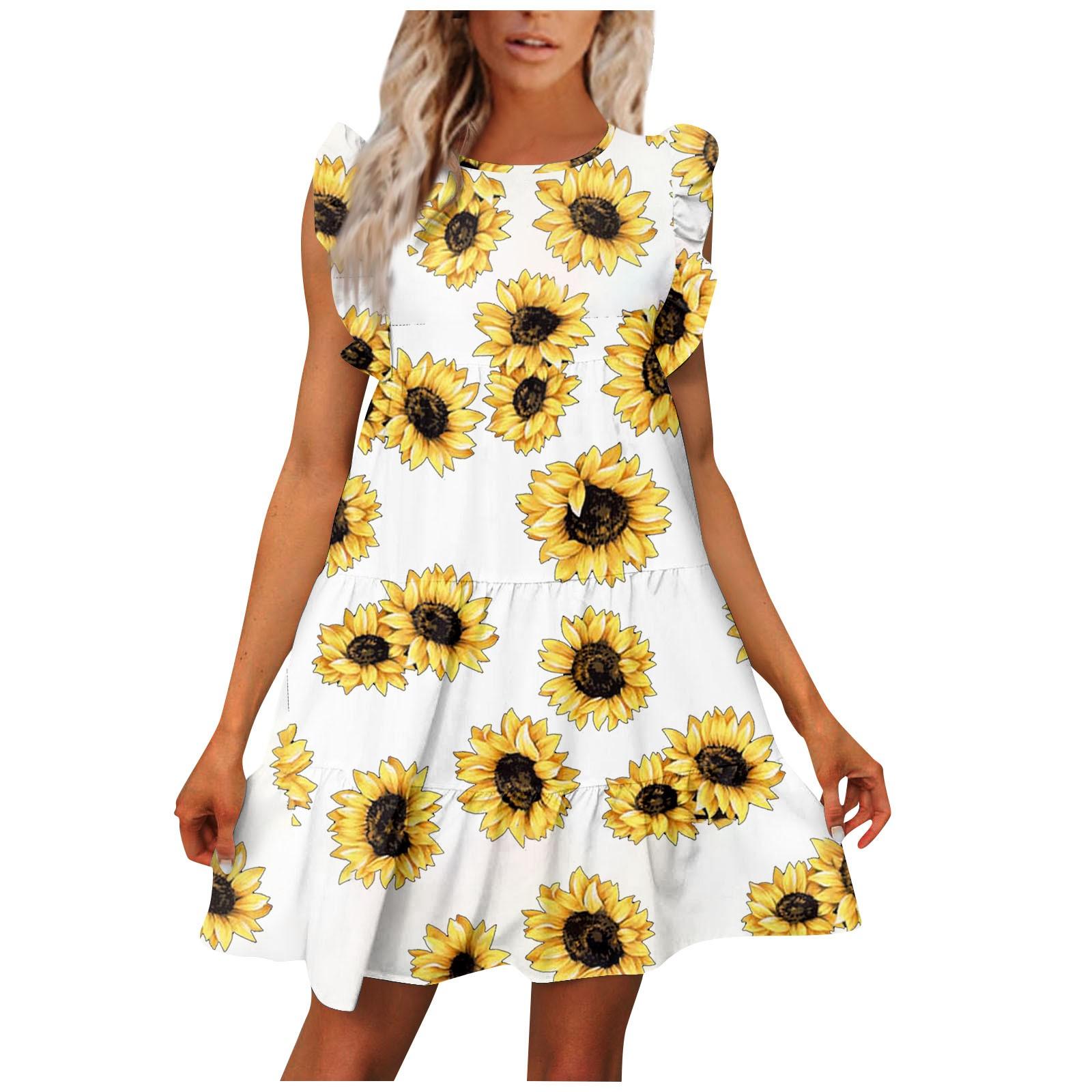 

Женские повседневные летние платья с рюшами и круглым вырезом с коротким рукавом L жёлтый