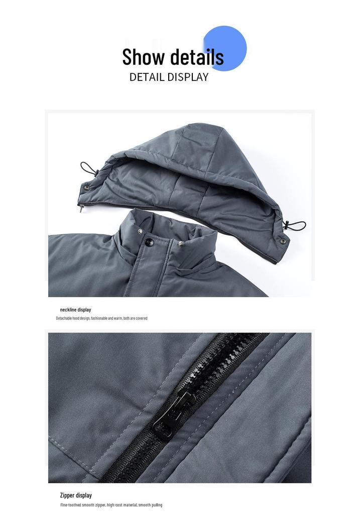 2025 Men's Mid-Length Winter-Autumn Thickened Cotton Jacket with Detachable Hood and Plus Velvet Lining.