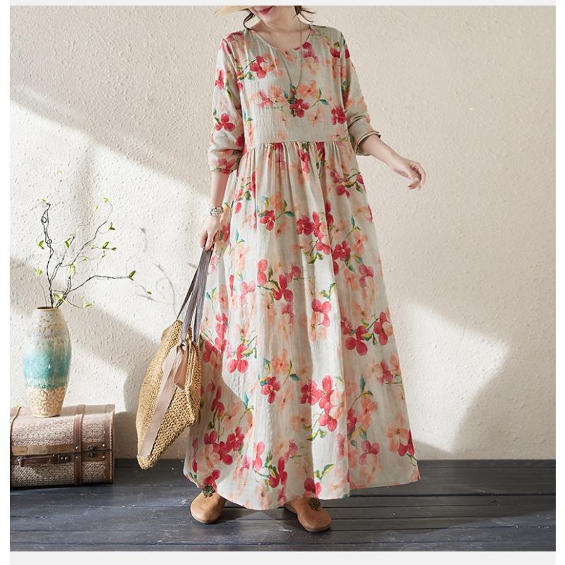 DIMANAF 2024 Rochie de primăvară mărime Plus pentru femei, rochie boemă ocazională cu imprimeu floral, rochie lejeră pentru plajă, decolteu O, verde, femeie