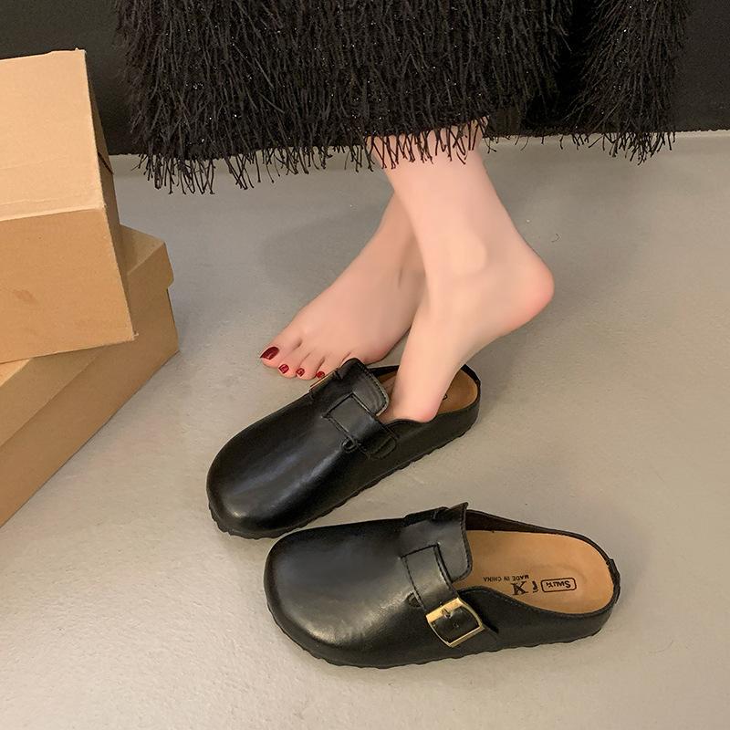 Baotou half slippers women's outer wear 2025 spring new fashionable versatile leather surface one pedal thick-soled Birkencool slippers