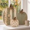 Solid Wood Pumpkin Set 3Pcs Wildflower Figurines, Farmhouse Fall Tabletop Decor, Rustic Pumpkins with Kitchen Countertop Accents Embossed Floral, Jute