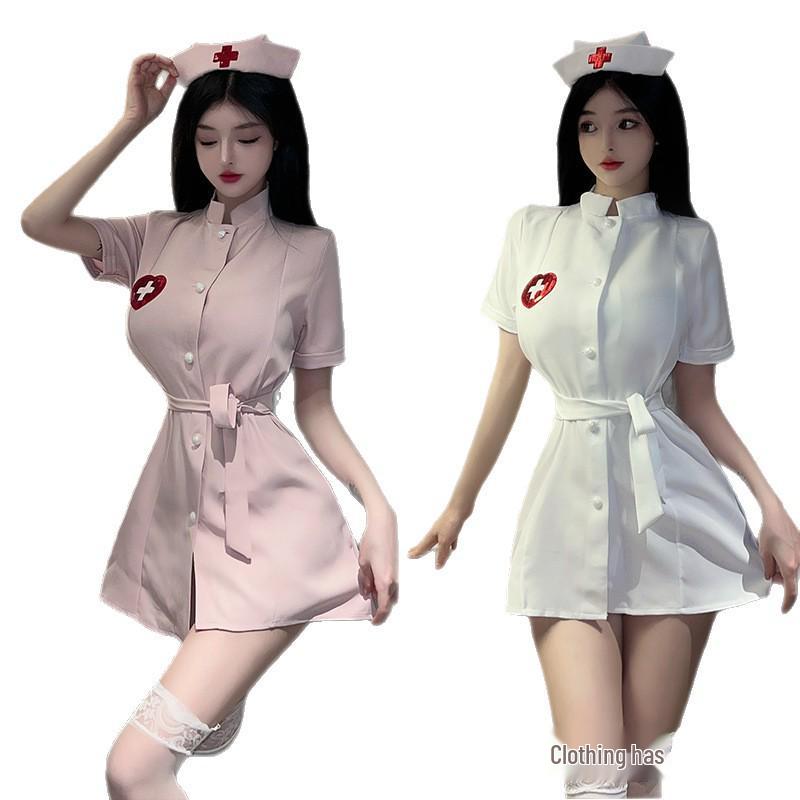 Passionate Nurse Role Play Lingerie – Deep V Nightgown for Flirty Bedtime Temptation