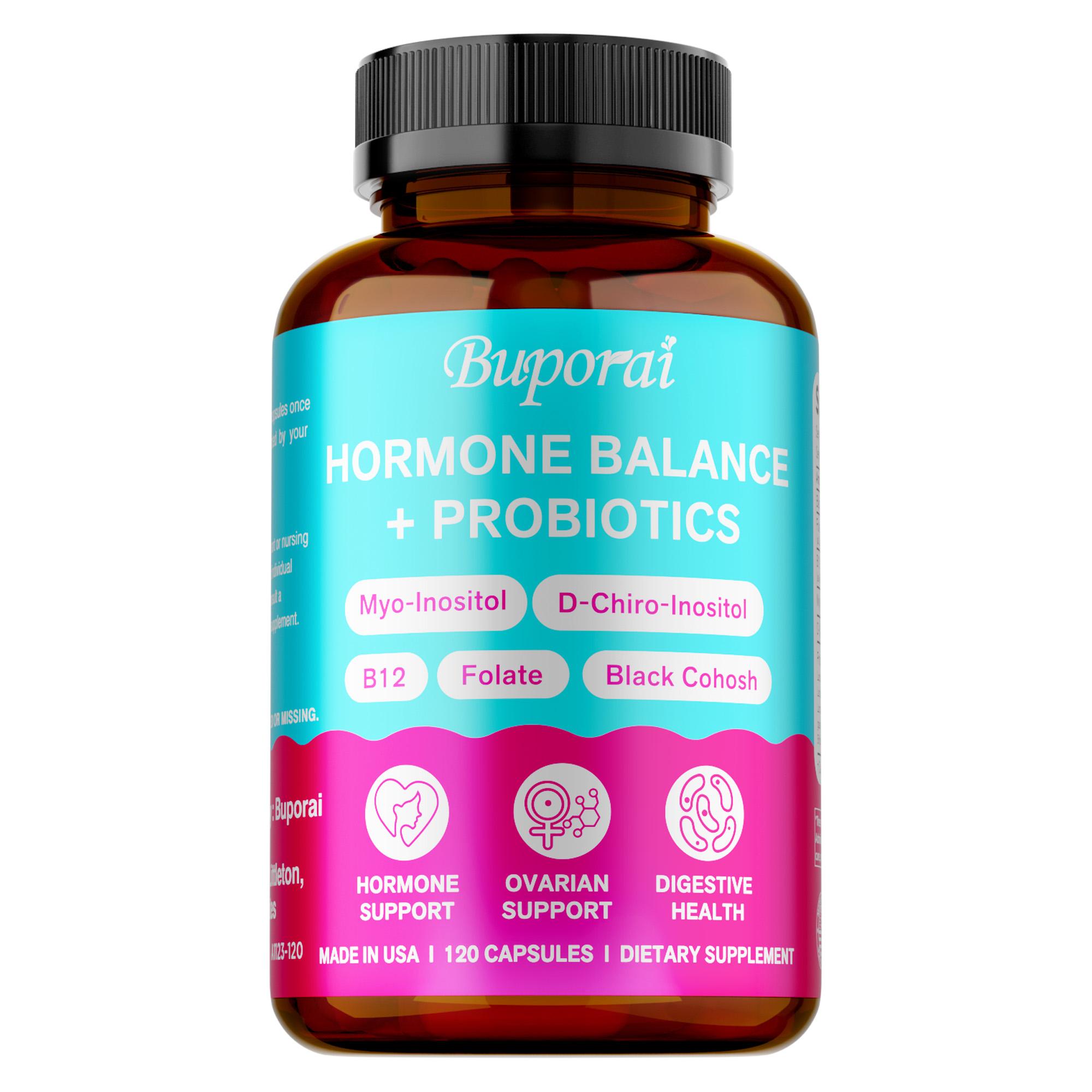 

Probiotic capsules containing a blend of inositol, black cohosh, folic acid, and vitamin B12 to support gut health. 120