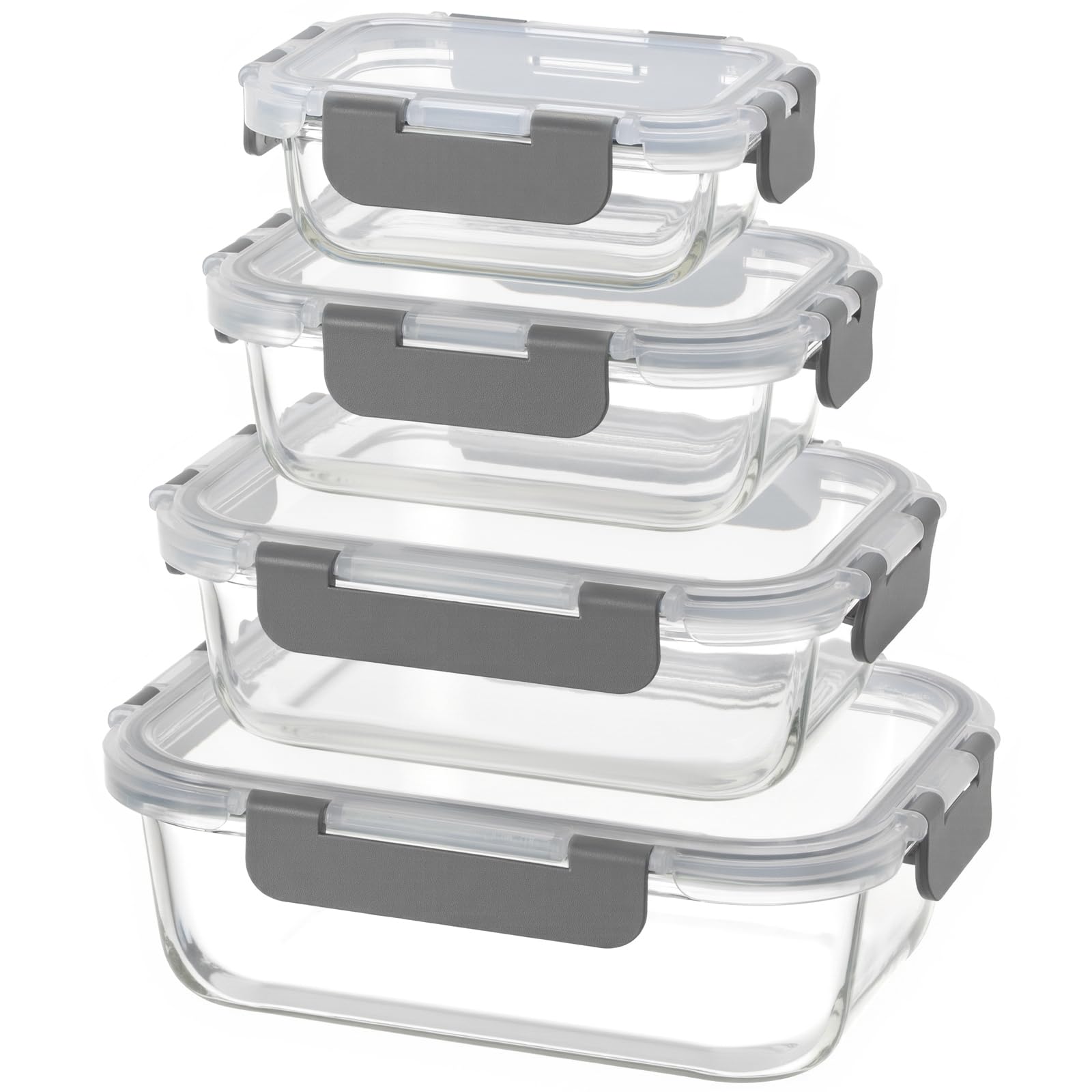 

AILTEC Набор стеклянных контейнеров для хранения с прямоугольными термостойкими контейнерами, 4 шт., герметичные, для микроволновой печи, духовки, посудомоечной машины, морозильной камеры, штабелируемые, герметичные, серый