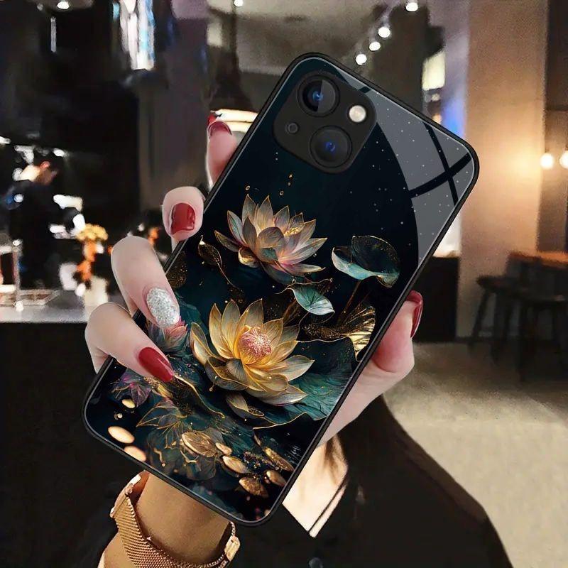 Lotus Pattern Anti-Fall Tempered Glass Phone Case For iPhone 11 12 13 14 15 16 17 Pro Max 17Air 16E 7 8 Plus XR XS X Cover