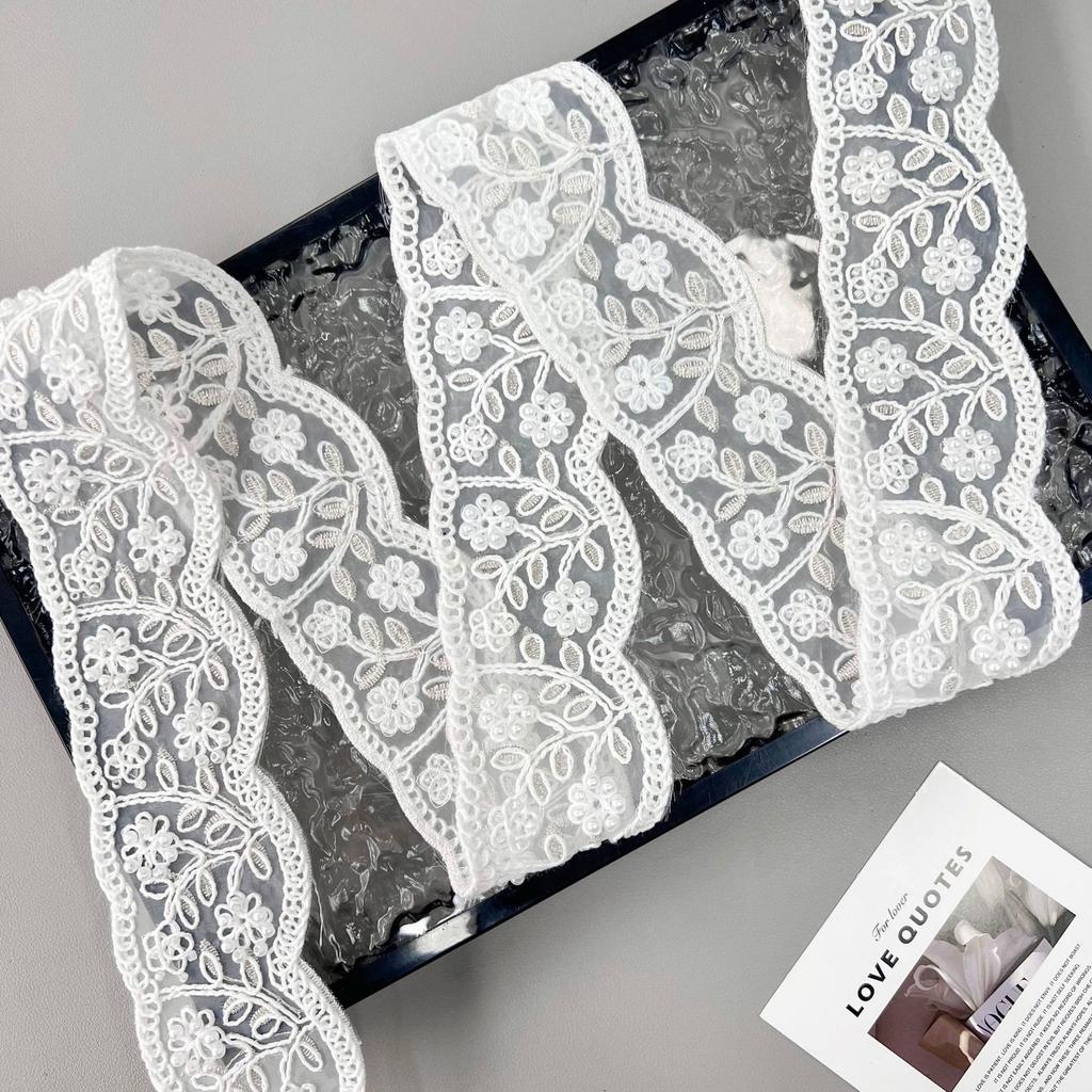 White Organza Strand Beads Three-Dimensional Flower Embroidery Barcode Clothing Cuffs Belt Decorative Lace Accessories