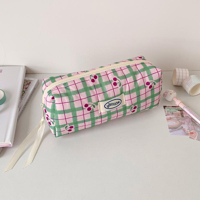 

Ins Style Checkered Cherry Pencil Case Multifunction Portable Storage Tote Bag Cosmetic Bag Supplies Stationery Storage Bag