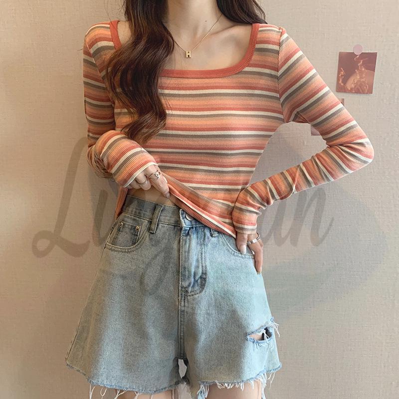 Women s Striped Long-Sleeve Slim-Fit T-Shirt, Square Neck, Versatile Early Autumn Knit Top Extra Large