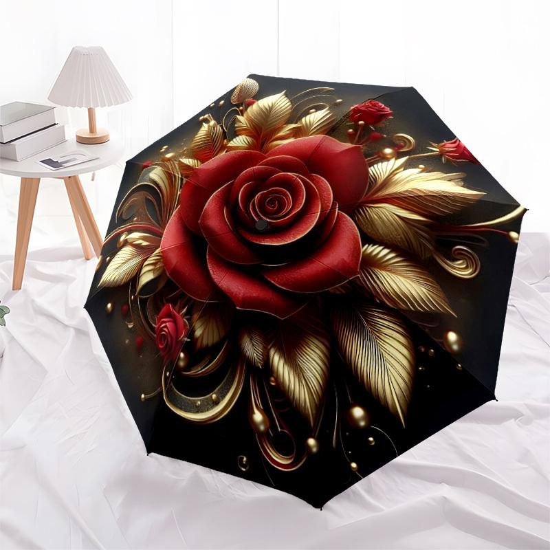 1pc Red Rose Gold Leaf Folding Umbrella, Durable, Suitable for Outdoor Activities or Rain, Suitable for Commuting Yy251027115