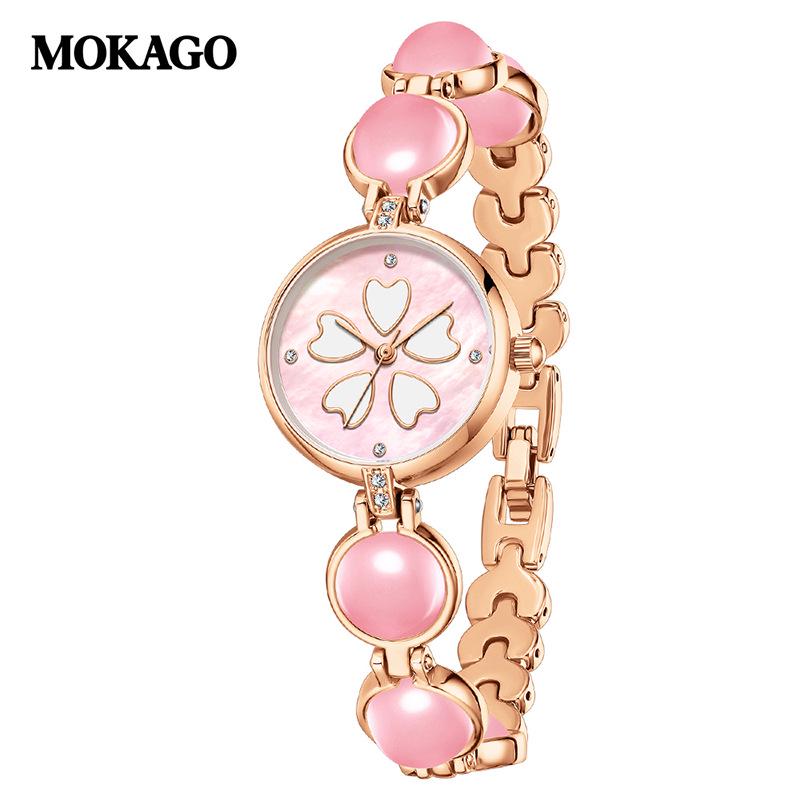 Moka Diamond Luminous Quartz Watch with Four-Leaf Clover Design, 30M Waterproof, Copper Band.