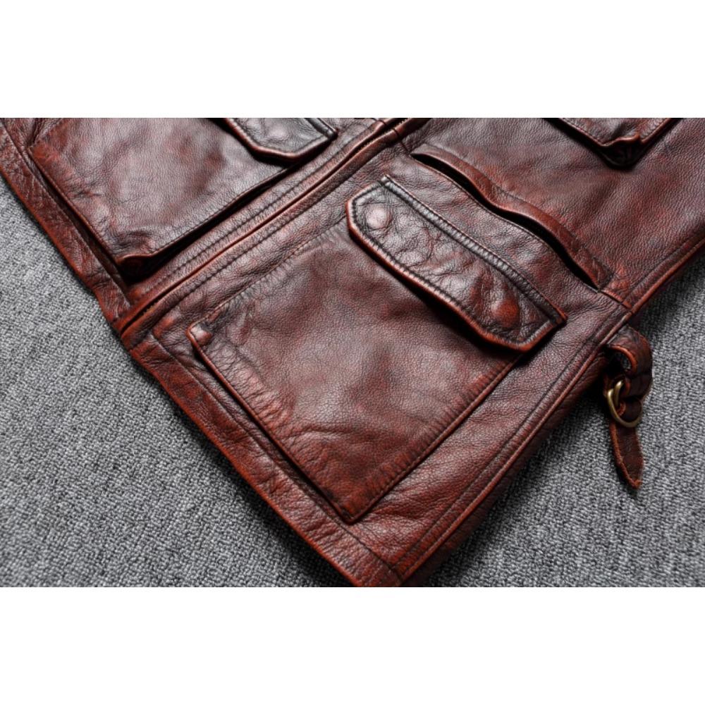 Chinese Size Vintage Red Brown Men Leather Jacket M65 Hunting Flight Jacket Genuine Cowhide Coat Autumn