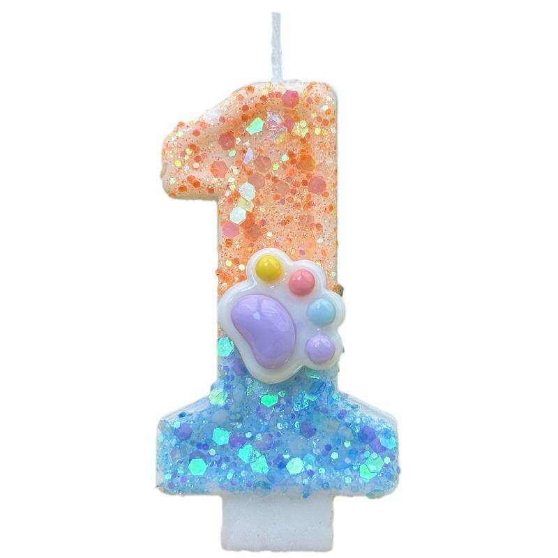 Sequin Cat Paw Dog Paw Digital Birthday Candle Cake Party Decoration First Birthday Celebration