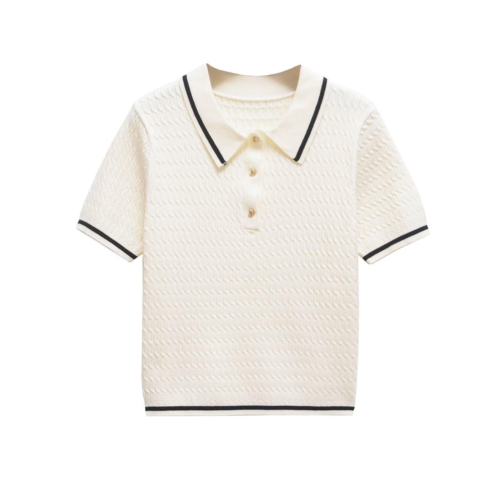 

Женский трикотаж поло с коротким рукавом и отделкой в стиле колор-блок, весна 2025 Medium слоновая кость