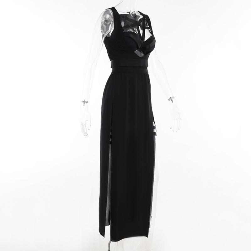 Gothic Club Sexy Summer Skirt Set Women Sleeveless Black Corset Crop Top Bandage Underpants Mesh Split Skirt 3pcs Sets