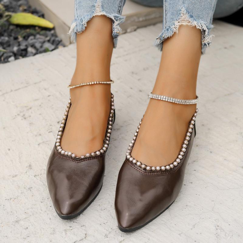 Large size pointed head shallow mouth single shoes women's spring and autumn new pearl versatile one-pedal shallow mouth Doudou shoes